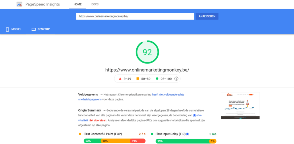 Google PageSpeed Insights report OMM