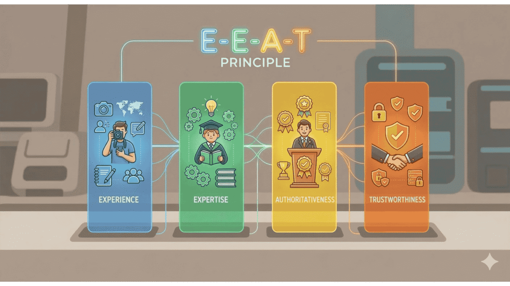 Een moderne, vrolijke illustratie van het E-E-A-T principe met vier kleurrijke kolommen voor Experience, Expertise, Authoritativeness en Trustworthiness.