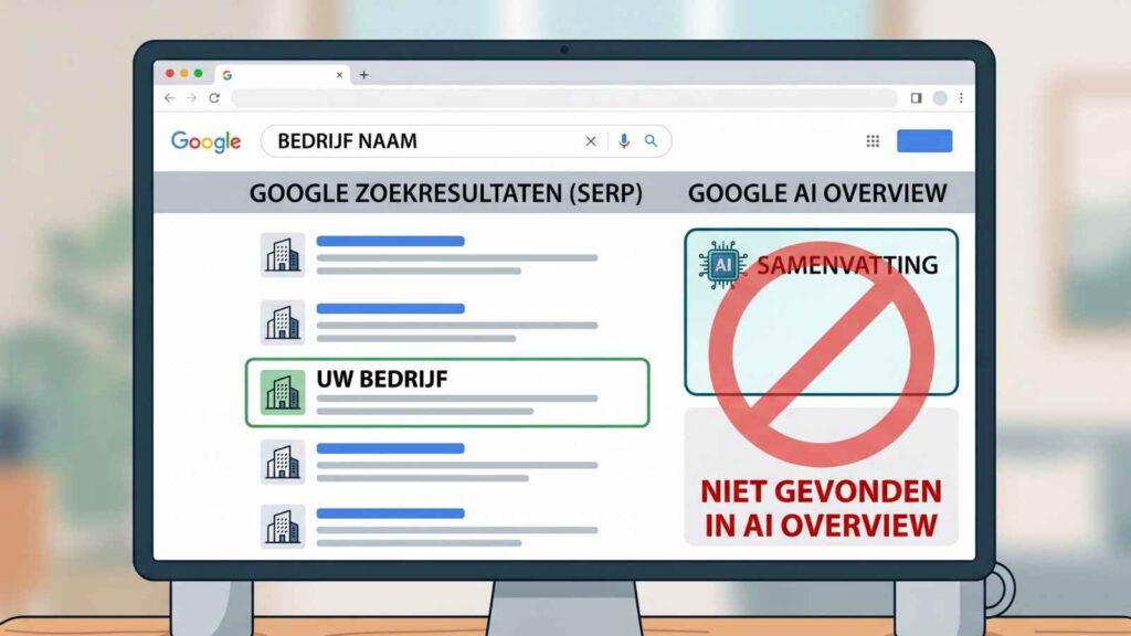 Visualisering van een bedrijf die onzichtbaar is in Google AI Overview maar wel wordt getoond in de SERP,