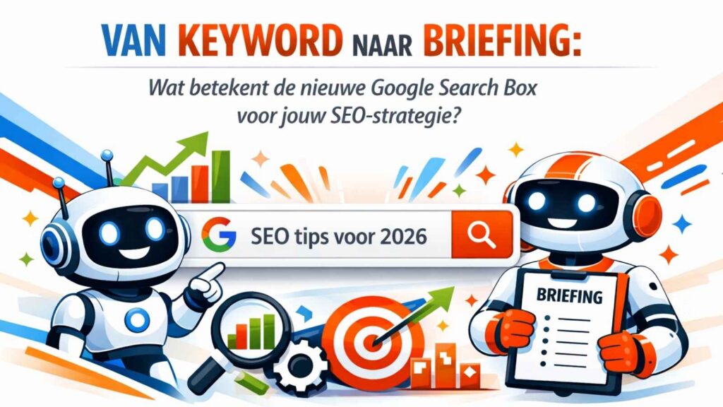 Twee robotjes die stilstaan bij de mei update van Google en de nieuwe Search Box.