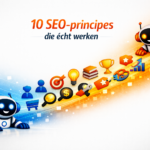 Blauw en rood robotje met icoontjes die 10 SEO-principes bespreken.