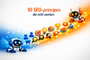 Blauw en rood robotje met icoontjes die 10 SEO-principes bespreken.
