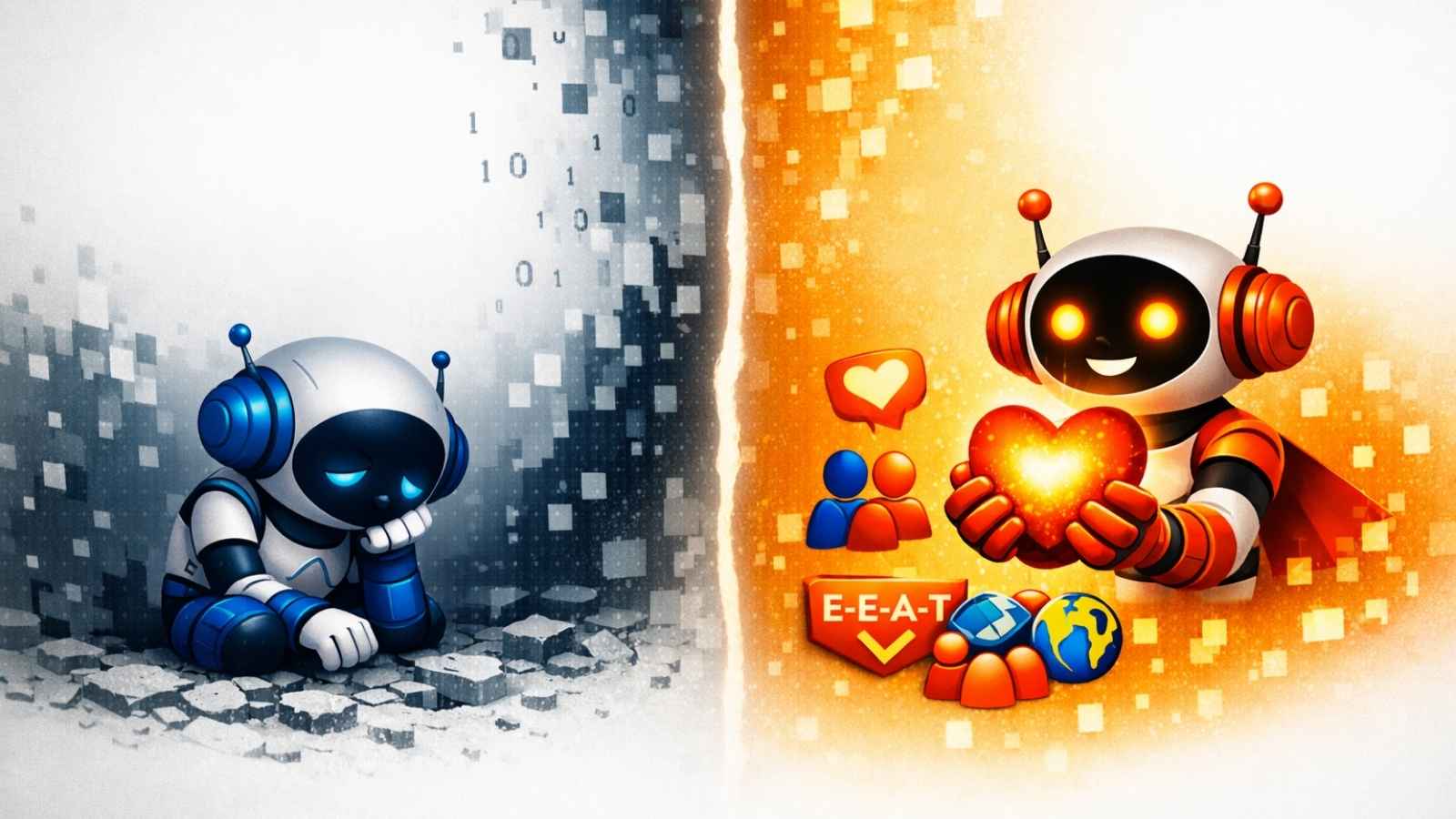 Robotjes waarvan het rode robotje blij is met goede SEO.