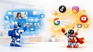 Twee cartoon robotjes die de verschillende soorten bronnen van SEO bekijken.