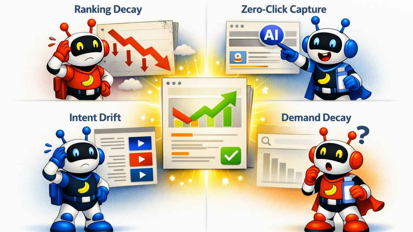 De twee robotjes met de vier types Content Decay.