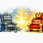 Twee robotjes waarin het rode robotje een kroontje zet op Topical Authority.