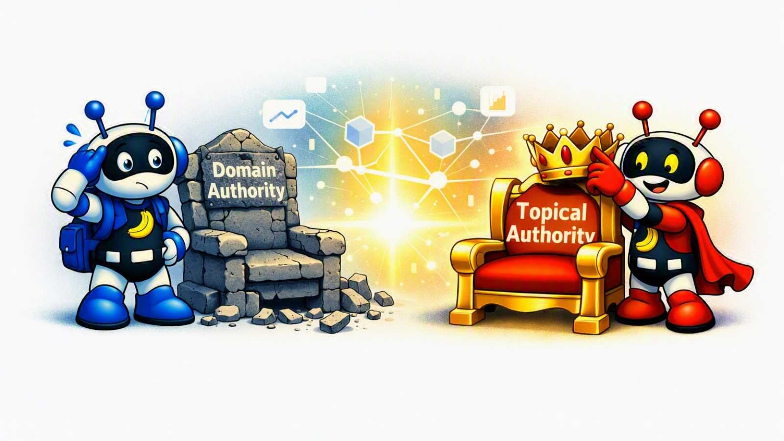 Twee robotjes waarin het rode robotje een kroontje zet op Topical Authority.