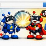 Twee robotjes met icoontjes van sociale media in het Search Everywhere Optimization-tijdperk.