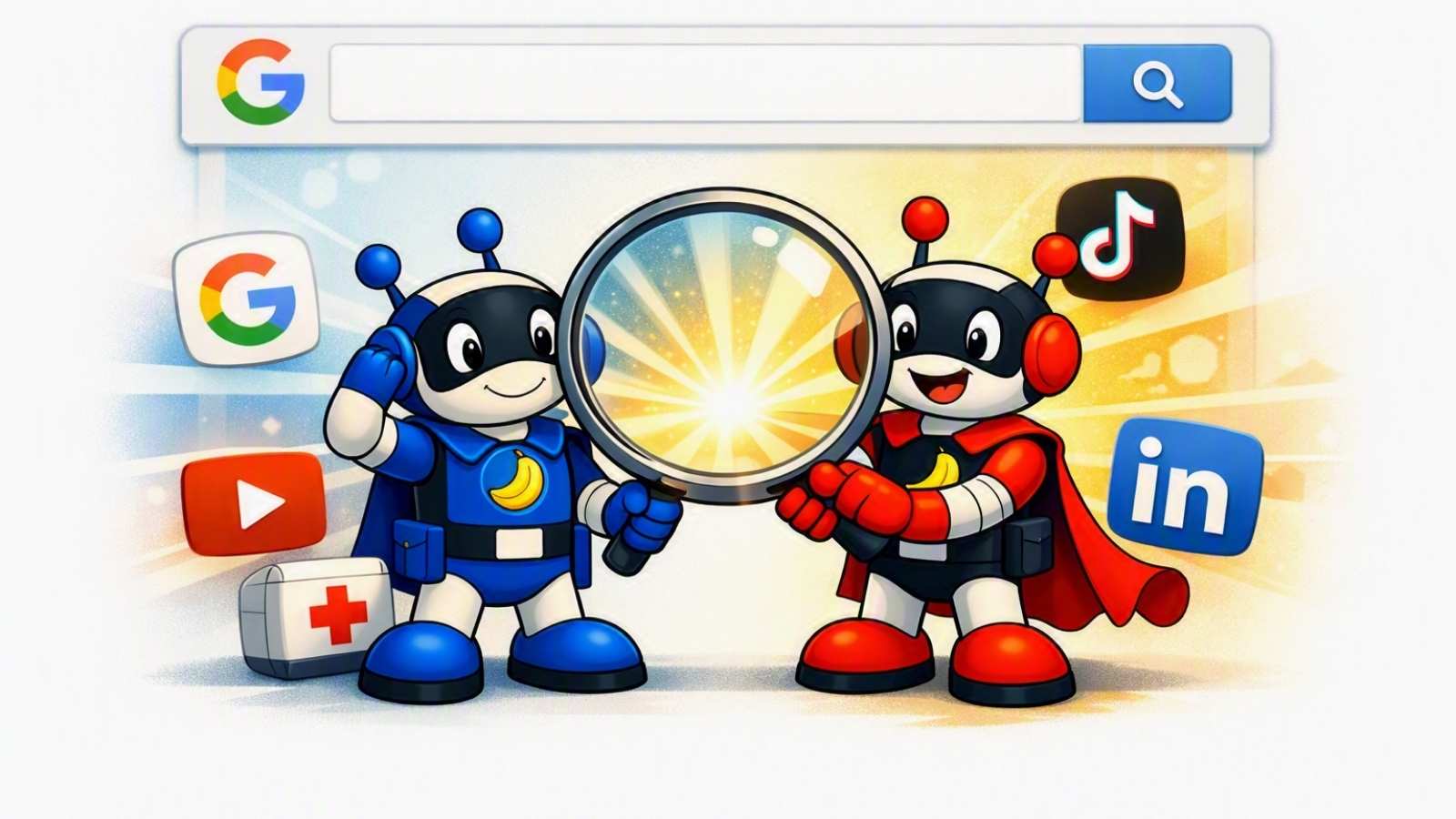 Twee robotjes met icoontjes van sociale media in het Search Everywhere Optimization-tijdperk.