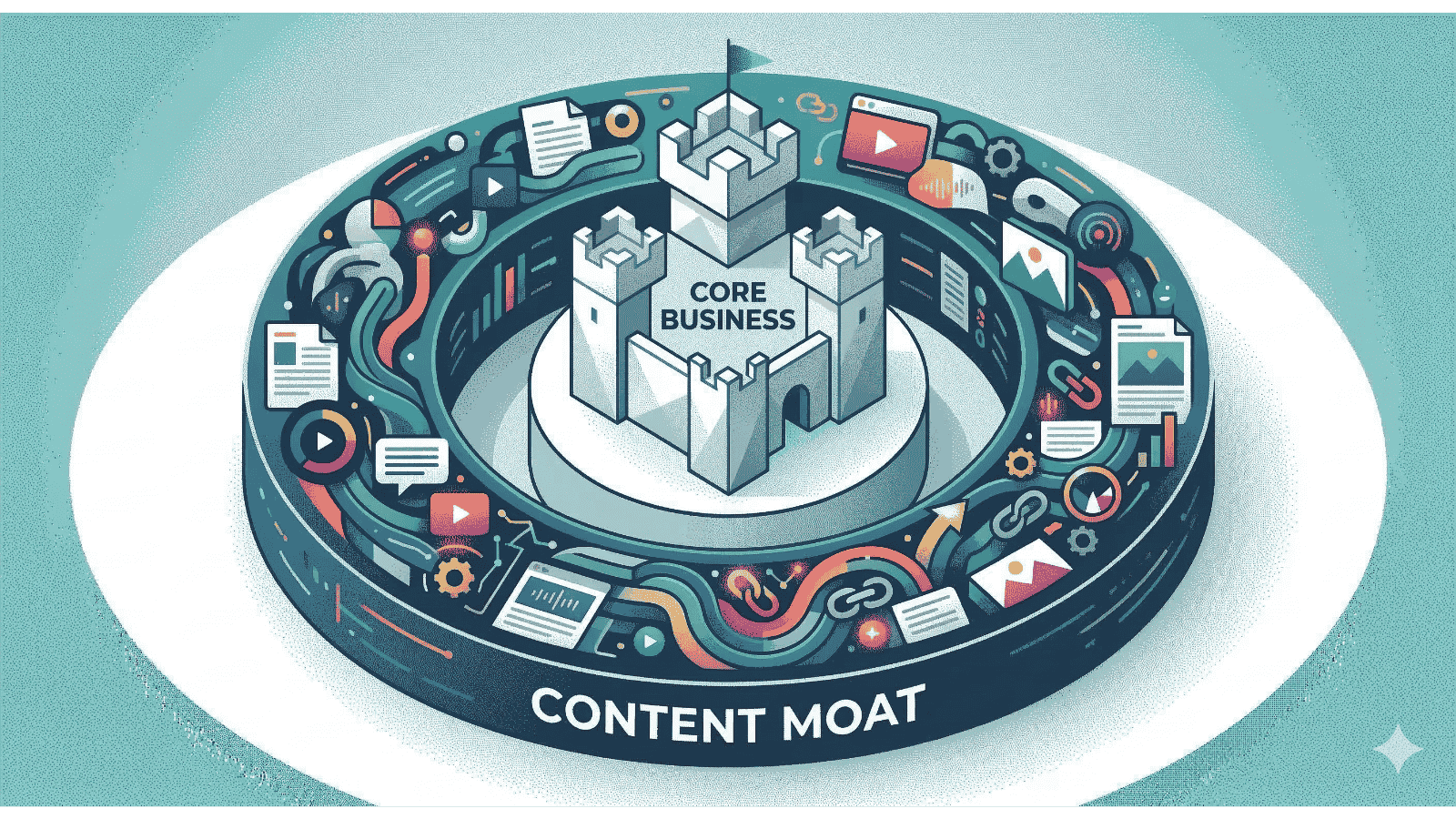 Illustratie van een 'Content Moat' strategie: een kasteel dat 'Core Business' vertegenwoordigt, omringd door een beschermende gracht gevuld met diverse content-iconen zoals video, tekst en links